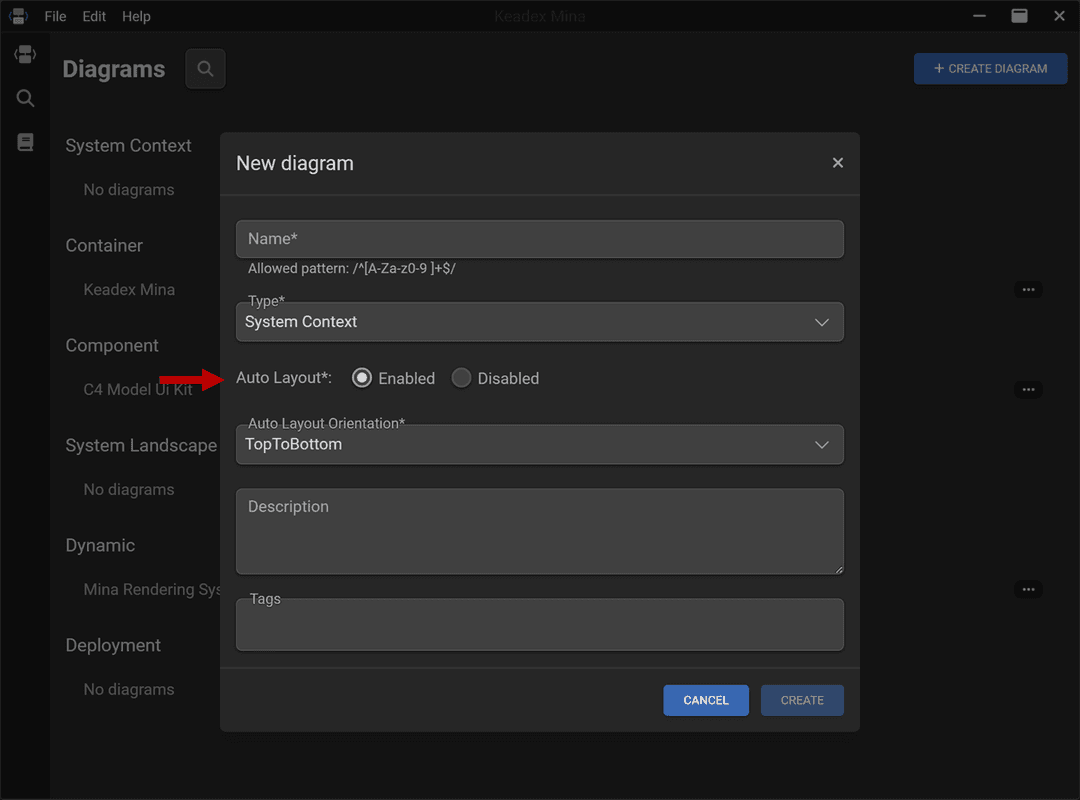 Screenshot of Mina, highlighting the auto layout options during the diagram creation