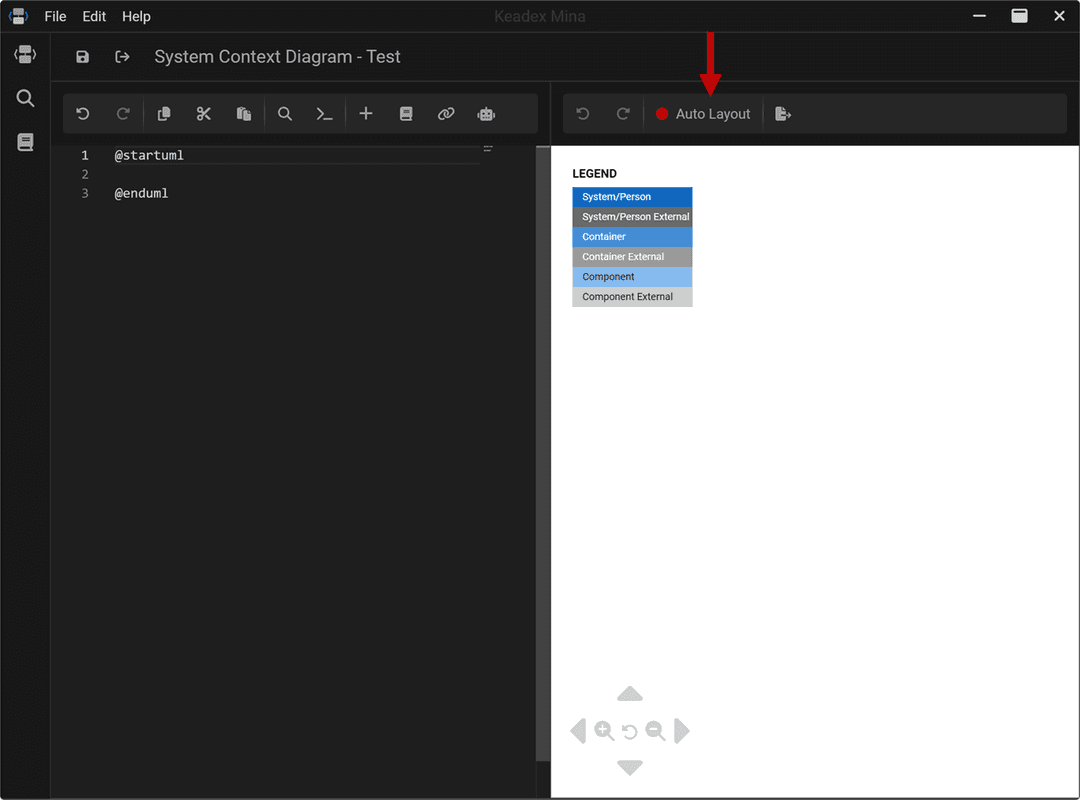Screenshot of Mina, highlighting the auto layout button in the diagram editor