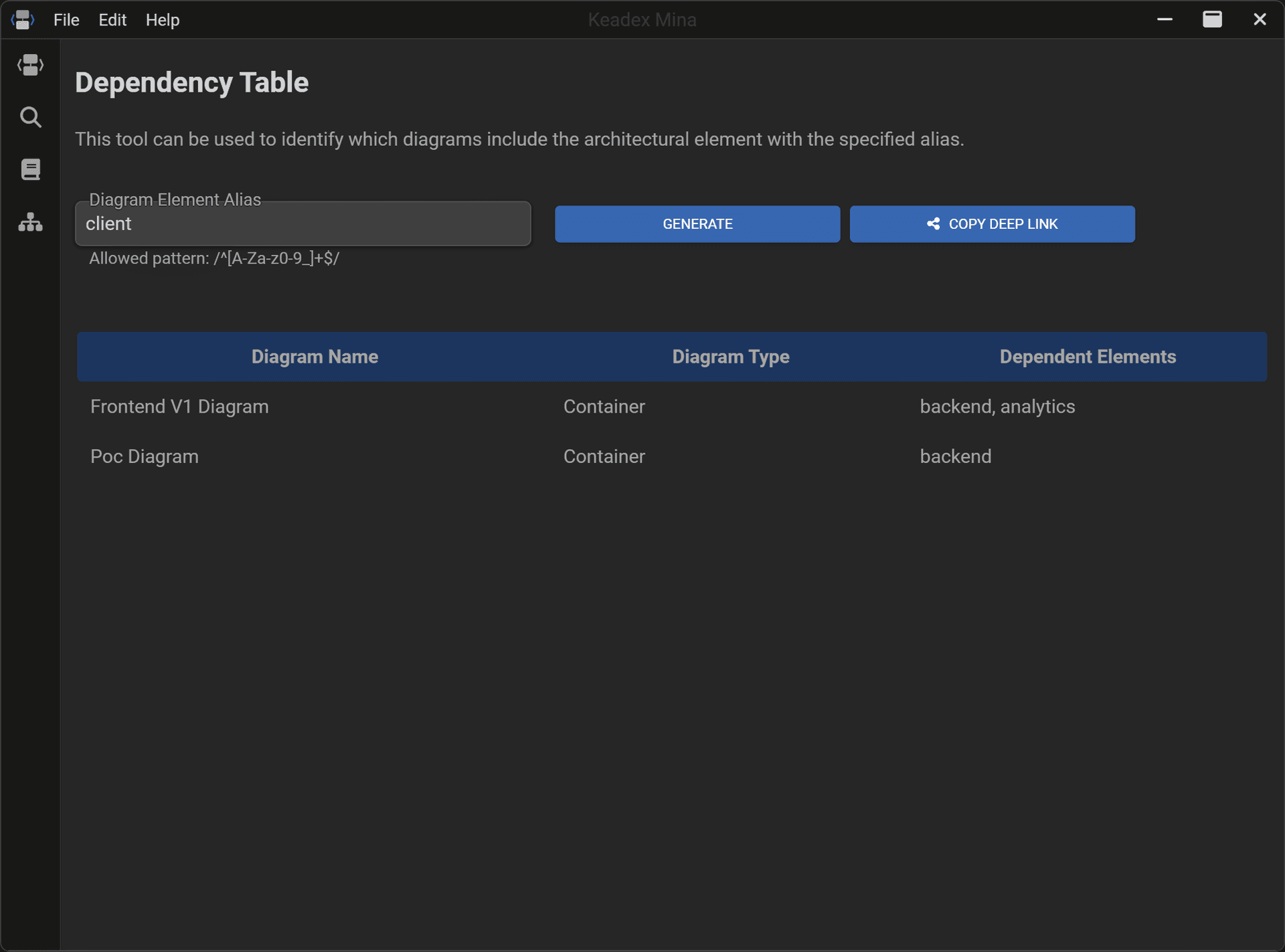 Screenshot of the Dependency Table Mina feature