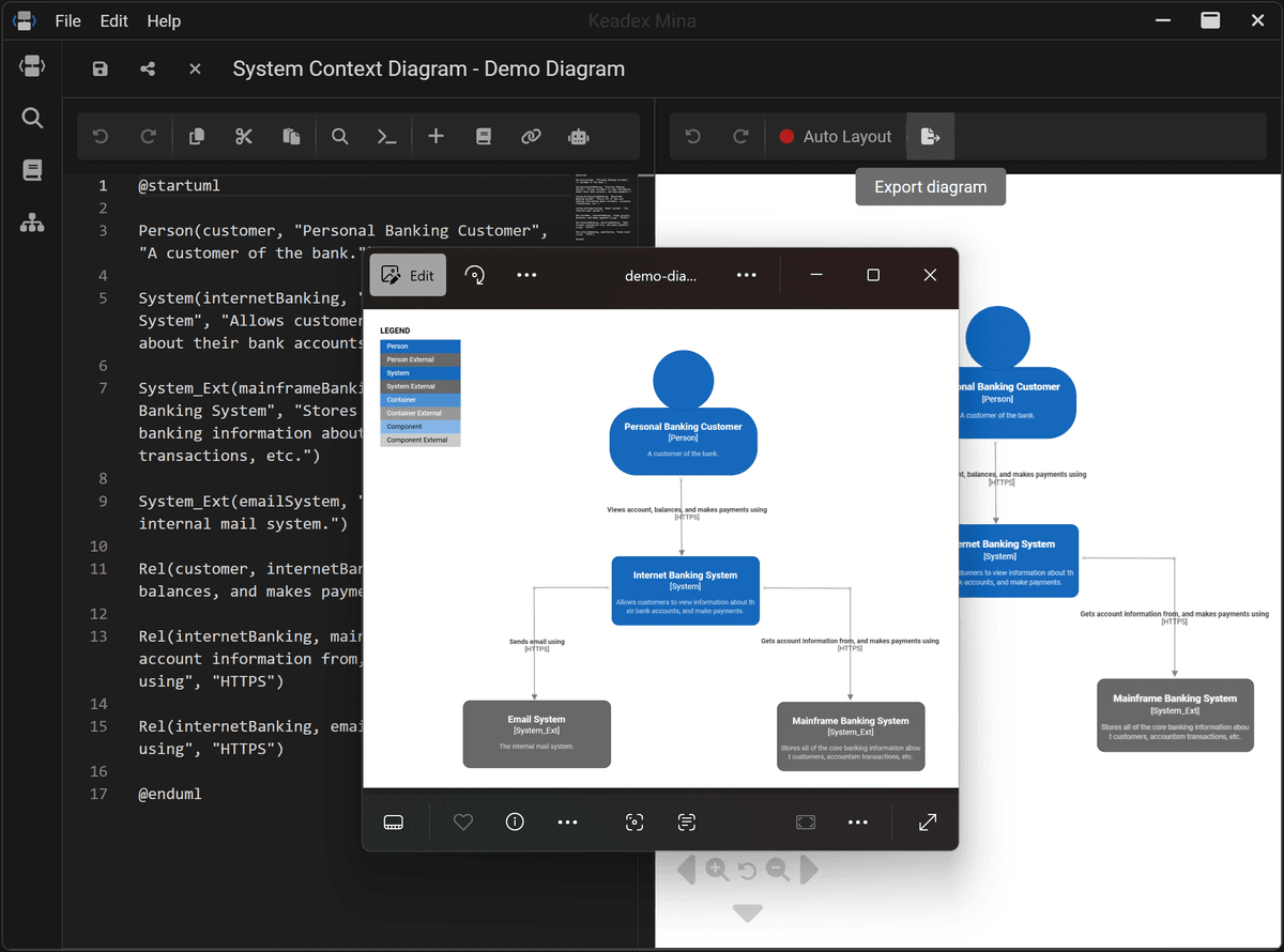Keadex Mina screenshot of the export feature from the diagram editor